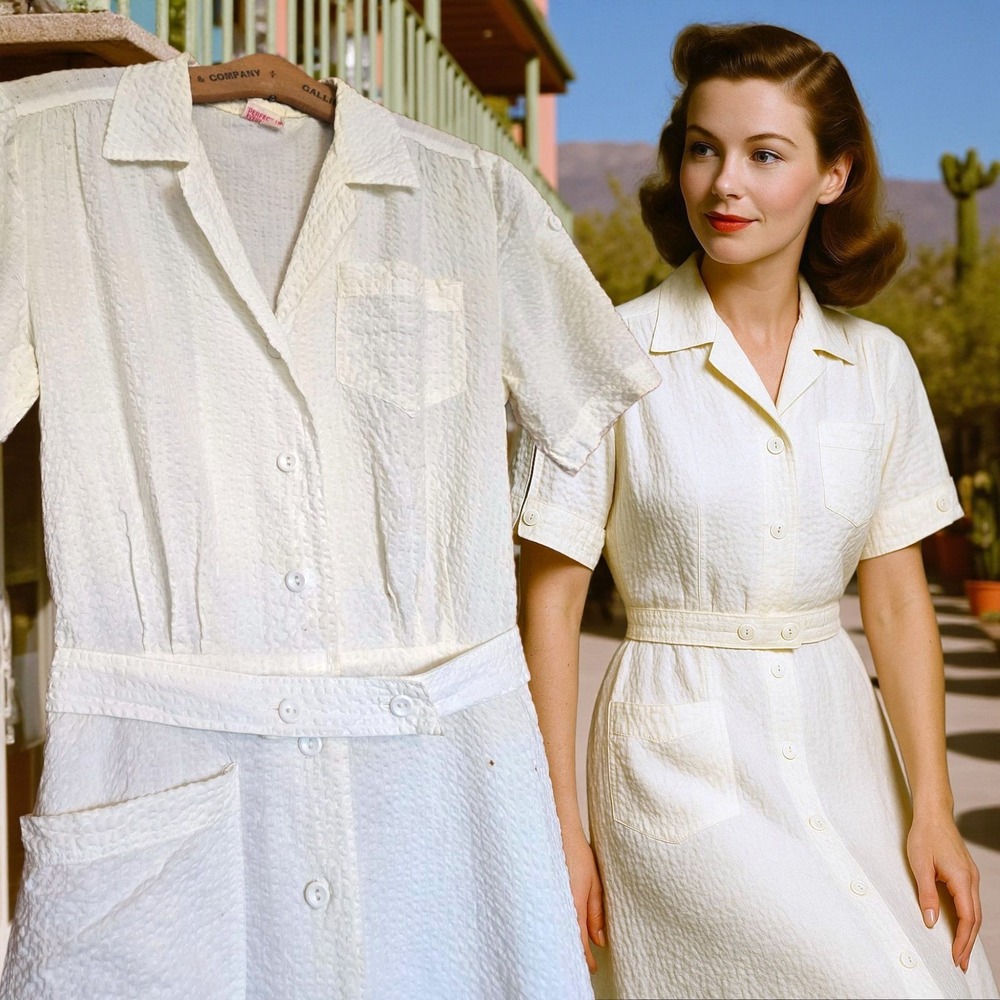 Vintage 1940s Wayne Maids White Seersucker Uniform Dress Belted Button Front 40